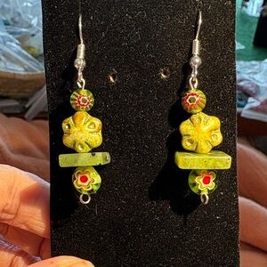 Hand Crafted Murano Glass, Stone, and Carved Lucite Floral Earrings